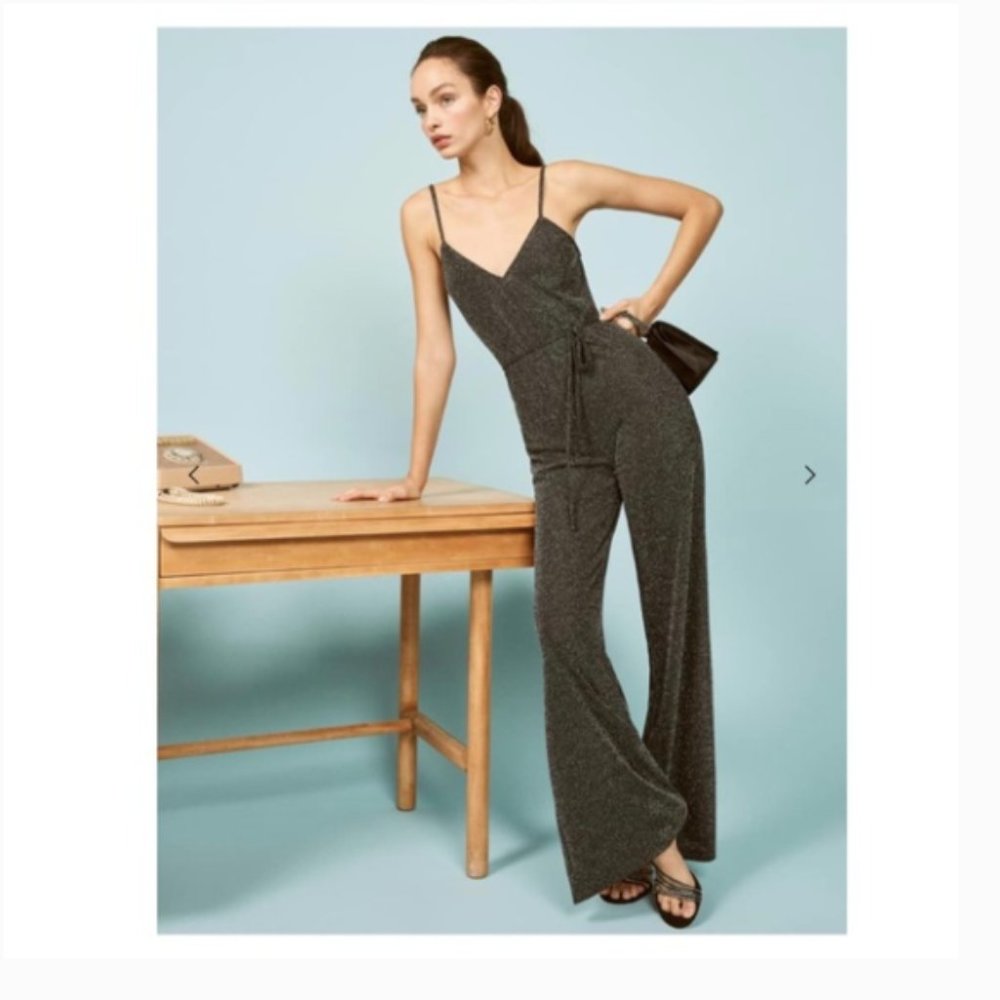 Reformation Koda Gold Sparkle Sleeveless Wide Leg Black Jumpsuit Small